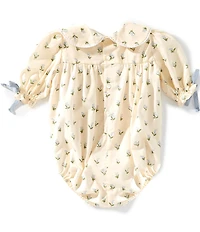 Edgehill Collection x Megan Karp Baby Girls Belle Floral Bow Detail Peter Pan Collar Long Sleeve Bubble Romper