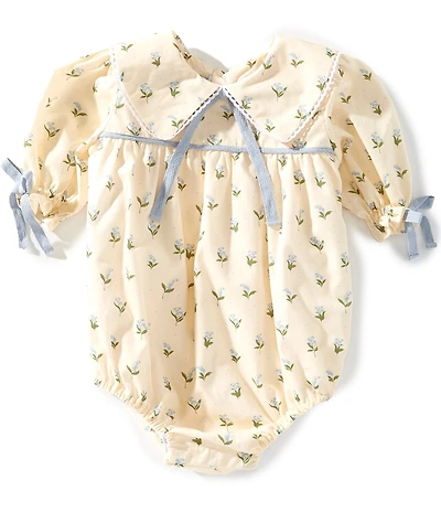 Edgehill Collection x Megan Karp Baby Girls Belle Floral Bow Detail Peter Pan Collar Long Sleeve Bubble Romper