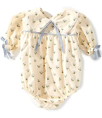 Edgehill Collection x Megan Karp Baby Girls Belle Floral Bow Detail Peter Pan Collar Long Sleeve Bubble Romper