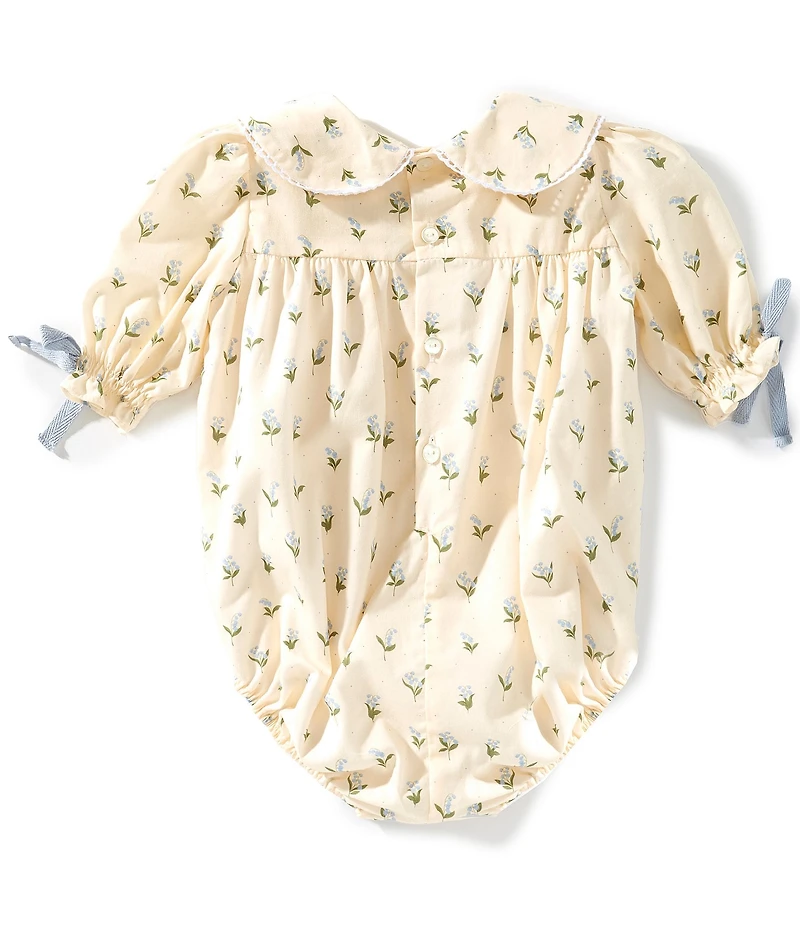 Edgehill Collection x Megan Karp Baby Girls Belle Floral Bow Detail Peter Pan Collar Long Sleeve Bubble Romper