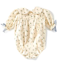 Edgehill Collection x Megan Karp Baby Girls Belle Floral Bow Detail Peter Pan Collar Long Sleeve Bubble Romper