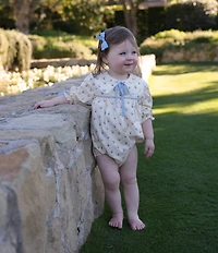 Edgehill Collection x Megan Karp Baby Girls Belle Floral Bow Detail Peter Pan Collar Long Sleeve Bubble Romper