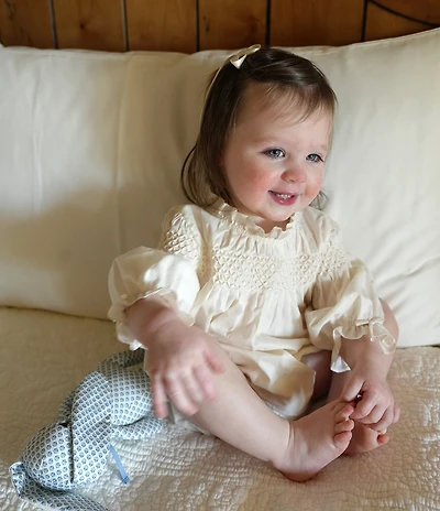 Edgehill Collection x Megan Karp Baby Girls Daphne Honeycomb Smocked Ruffle Detail Bubble Romper