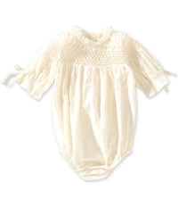 Edgehill Collection x Megan Karp Baby Girls Daphne Honeycomb Smocked Ruffle Detail Bubble Romper