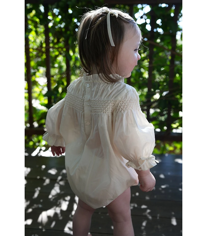 Edgehill Collection x Megan Karp Baby Girls Daphne Honeycomb Smocked Ruffle Detail Bubble Romper