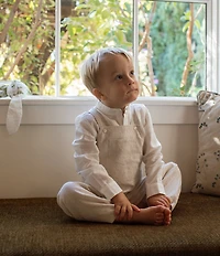 Edgehill Collection x Megan Karp Little Boys Oliver Linen Cotton Blend Long Sleeve Shirt & Stripe Overalls Set