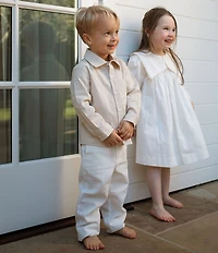 Edgehill Collection x Megan Karp Little Boys Sam Linen Blend Woven Polo Collar Button Front Top & Pants Set