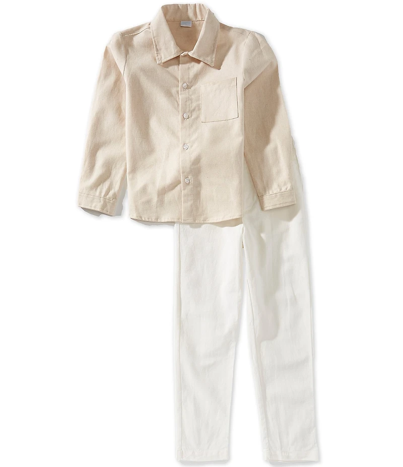 Edgehill Collection x Megan Karp Little Boys Sam Linen Blend Woven Polo Collar Button Front Top & Pants Set