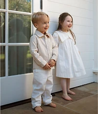 Edgehill Collection x Megan Karp Little Boys Sam Linen Blend Woven Polo Collar Button Front Top & Pants Set