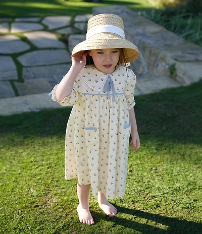 Edgehill Collection x Megan Karp Little Girls Belle Floral Bow Detail Peter Pan Collar Long Sleeve Dress