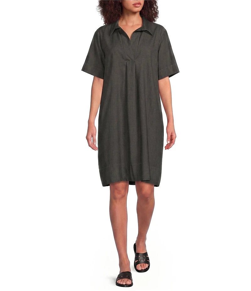 Eileen Fisher Airy Organic Cotton Twill Collared Elbow-Length Sleeve Pocketed Dress