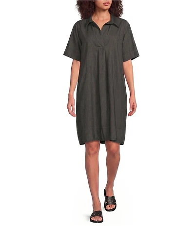 Eileen Fisher Airy Organic Cotton Twill Collared Elbow-Length Sleeve Pocketed Dress