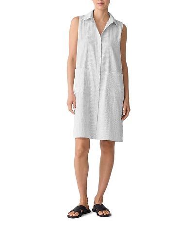 Eileen Fisher Organic Cotton Breezy Grid Pattern Seersucker Collar Neck Sleeveless