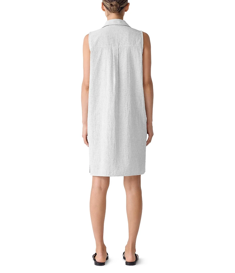 Eileen Fisher Organic Cotton Breezy Grid Pattern Seersucker Collar Neck Sleeveless