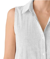 Eileen Fisher Organic Cotton Breezy Grid Pattern Seersucker Collar Neck Sleeveless