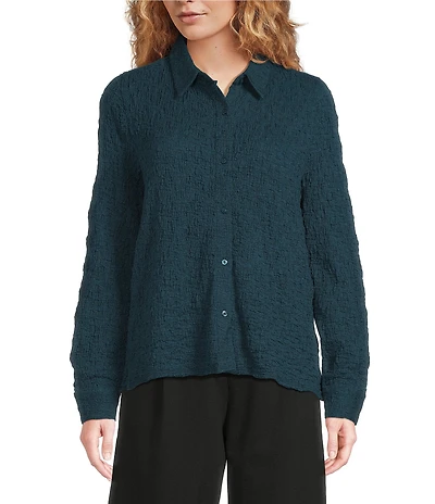 Eileen Fisher Bubble Jacquard Point Collar Long Sleeve Button Front Top
