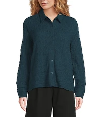 Eileen Fisher Bubble Jacquard Point Collar Long Sleeve Button Front Top