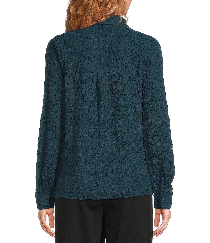 Eileen Fisher Bubble Jacquard Point Collar Long Sleeve Button Front Top