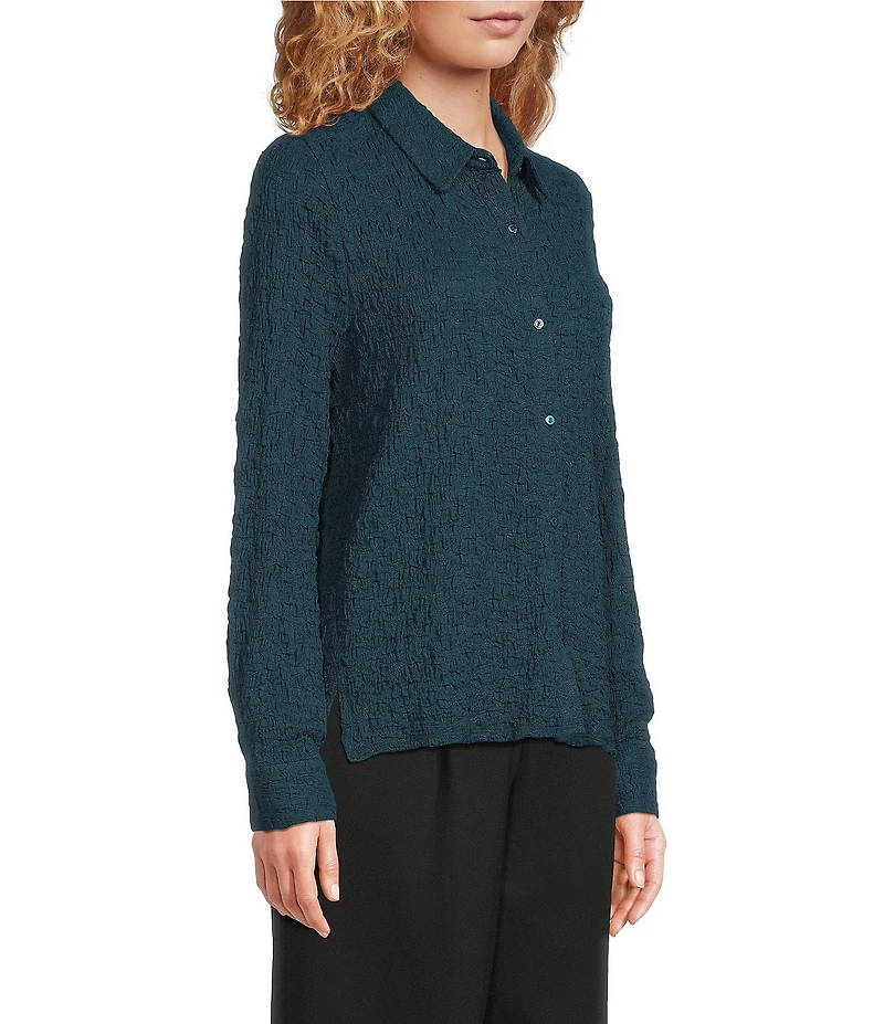 Eileen Fisher Bubble Jacquard Point Collar Long Sleeve Button Front Top