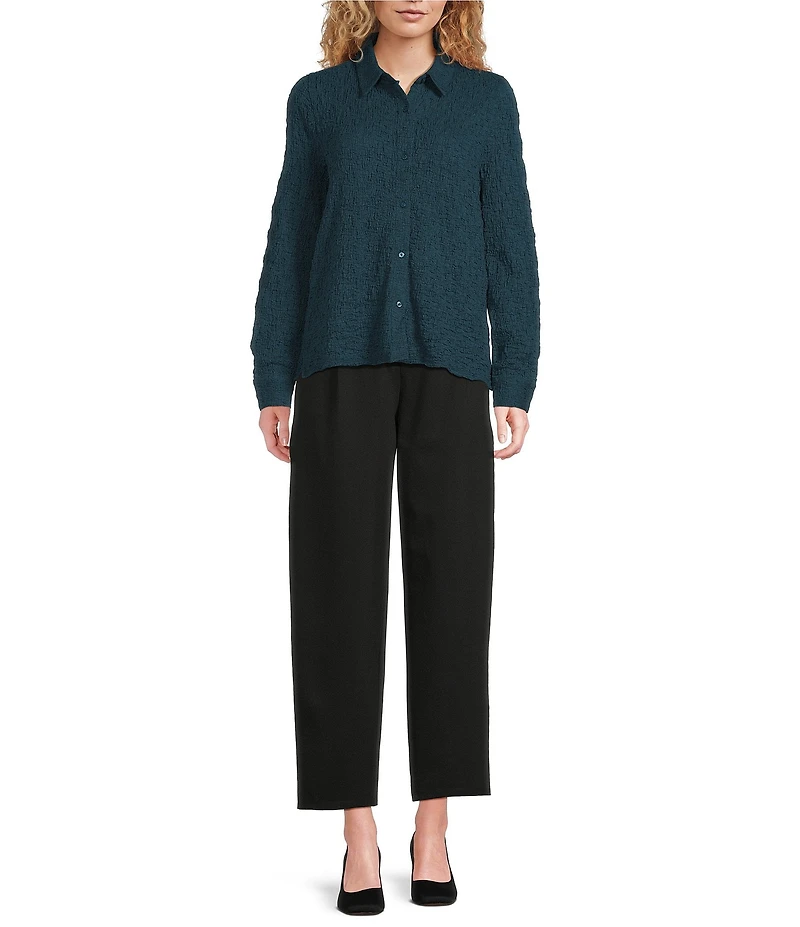 Eileen Fisher Bubble Jacquard Point Collar Long Sleeve Button Front Top