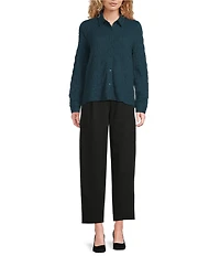 Eileen Fisher Bubble Jacquard Point Collar Long Sleeve Button Front Top