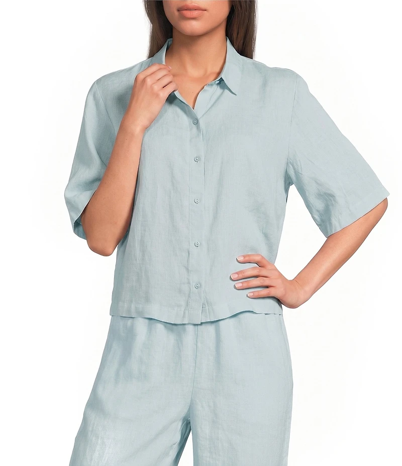 Eileen Fisher Classic Collar Point Collar Elbow Sleeve Button Front Shirt