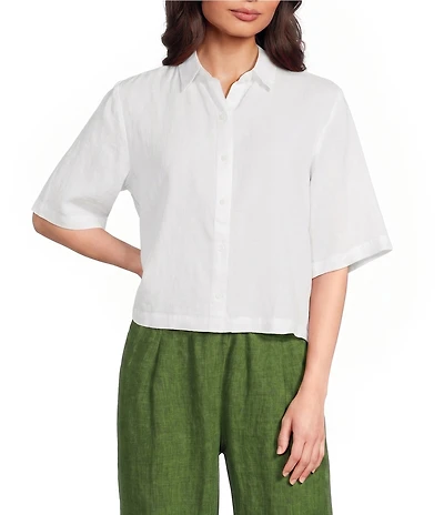 Eileen Fisher Classic Collar Point Collar Elbow Sleeve Button Front Shirt