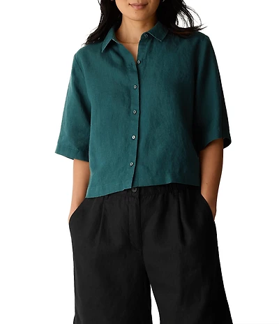 Eileen Fisher Classic Collar Point Collar Elbow Sleeve Button Front Shirt