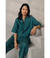 Eileen Fisher Classic Collar Point Collar Elbow Sleeve Button Front Shirt