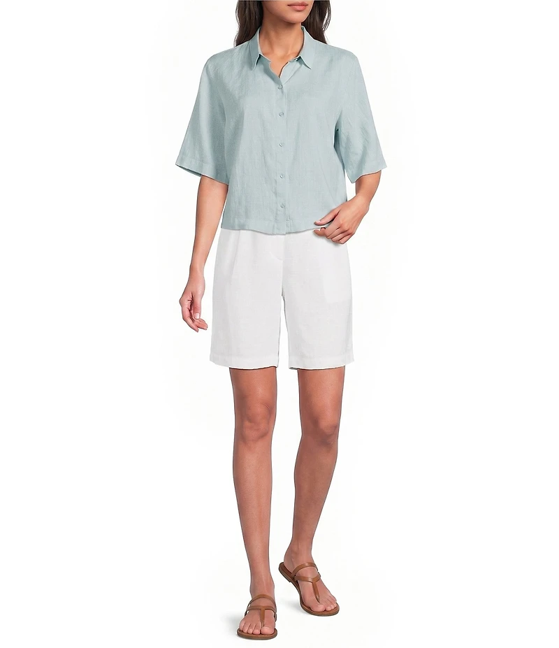 Eileen Fisher Classic Collar Point Collar Elbow Sleeve Button Front Shirt