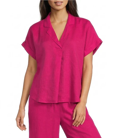 Eileen Fisher Coordinating Organic Linen Notch Collar V-Neck Short Sleeve Top