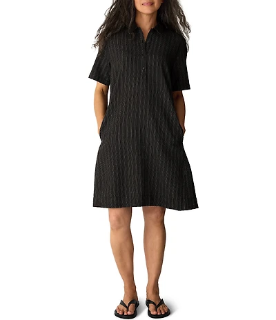 Eileen Fisher Cotton-Blend Stripe Stitch Point Collar Short Sleeve Shift Dress