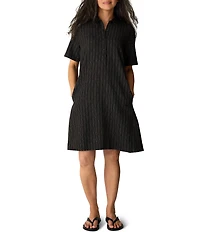 Eileen Fisher Cotton-Blend Stripe Stitch Point Collar Short Sleeve Shift Dress