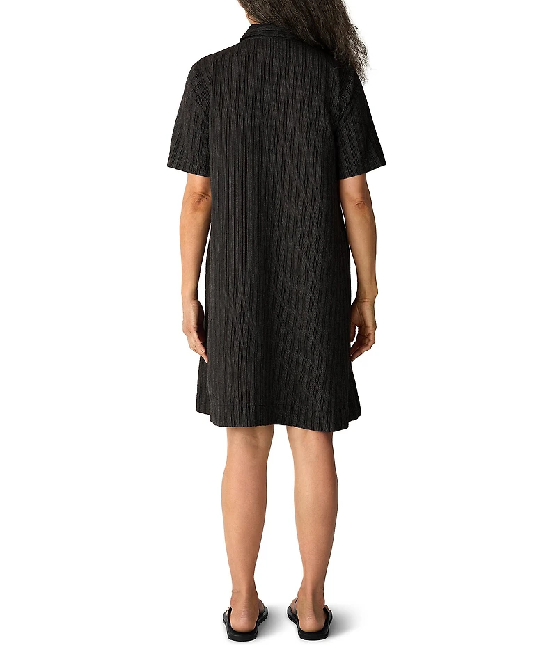 Eileen Fisher Cotton-Blend Stripe Stitch Point Collar Short Sleeve Shift Dress