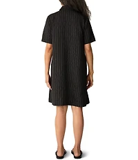 Eileen Fisher Cotton-Blend Stripe Stitch Point Collar Short Sleeve Shift Dress
