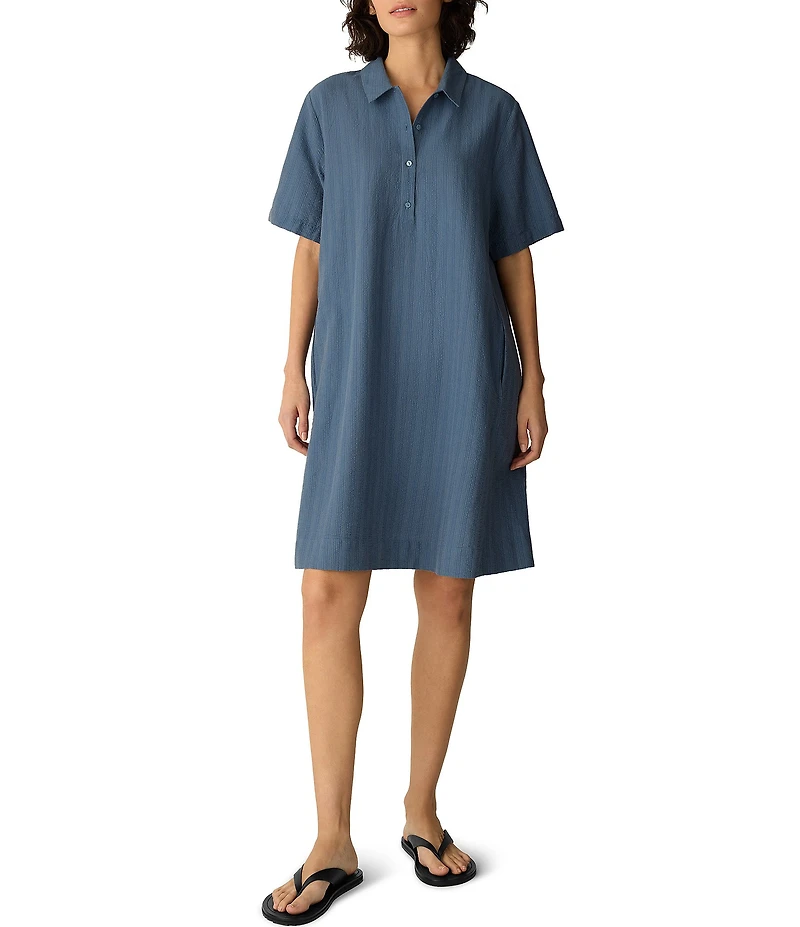 Eileen Fisher Cotton-Blend Stripe Stitch Point Collar Short Sleeve Shift Dress