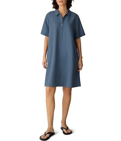 Eileen Fisher Cotton-Blend Stripe Stitch Point Collar Short Sleeve Shift Dress