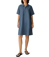 Eileen Fisher Cotton-Blend Stripe Stitch Point Collar Short Sleeve Shift Dress