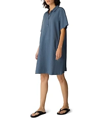 Eileen Fisher Cotton-Blend Stripe Stitch Point Collar Short Sleeve Shift Dress