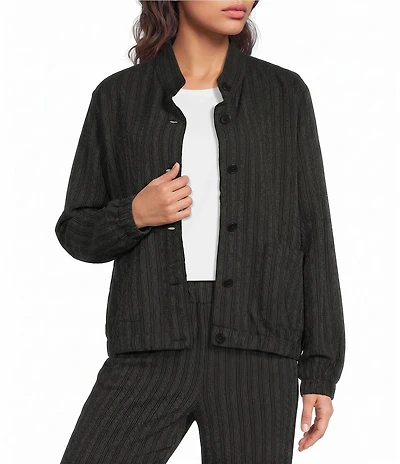 Eileen Fisher Cotton-Blend Stripe Stitch Stand Collar Long Sleeve Elastic Hem Button-Front Jacket