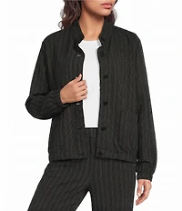 Eileen Fisher Cotton-Blend Stripe Stitch Stand Collar Long Sleeve Elastic Hem Button-Front Jacket