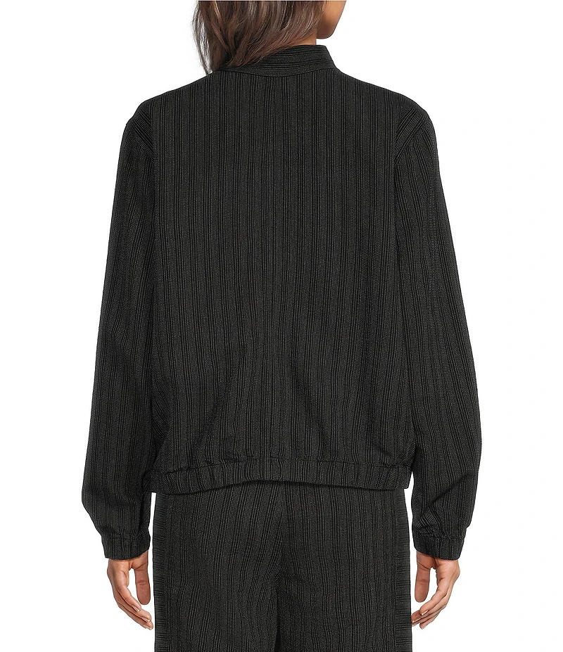 Eileen Fisher Cotton-Blend Stripe Stitch Stand Collar Long Sleeve Elastic Hem Button-Front Jacket
