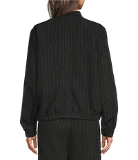 Eileen Fisher Cotton-Blend Stripe Stitch Stand Collar Long Sleeve Elastic Hem Button-Front Jacket