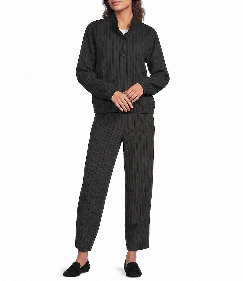 Eileen Fisher Cotton-Blend Stripe Stitch Stand Collar Long Sleeve Elastic Hem Button-Front Jacket