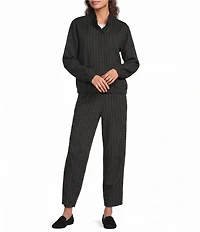 Eileen Fisher Cotton-Blend Stripe Stitch Stand Collar Long Sleeve Elastic Hem Button-Front Jacket