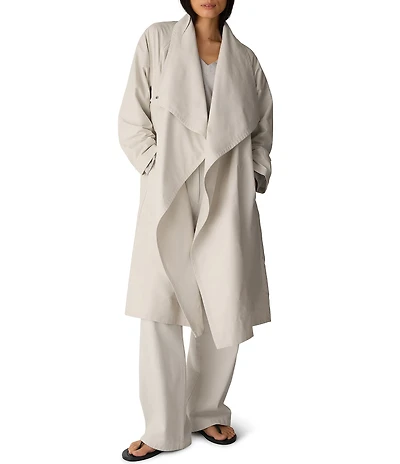 Eileen Fisher Cotton Nylon Weave High Draped Neck Long Raglan Sleeve Coat