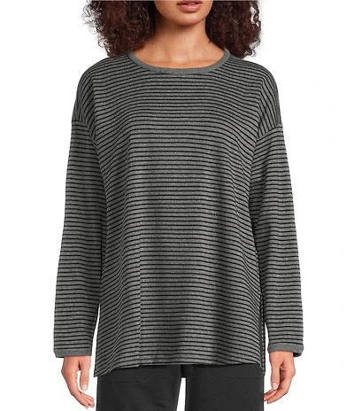 Eileen Fisher Cozy Striped Brushed Terry Organic Cotton Blend Knit Round Neck Long Sleeve Box Top