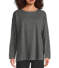Eileen Fisher Cozy Striped Brushed Terry Organic Cotton Blend Knit Round Neck Long Sleeve Box Top