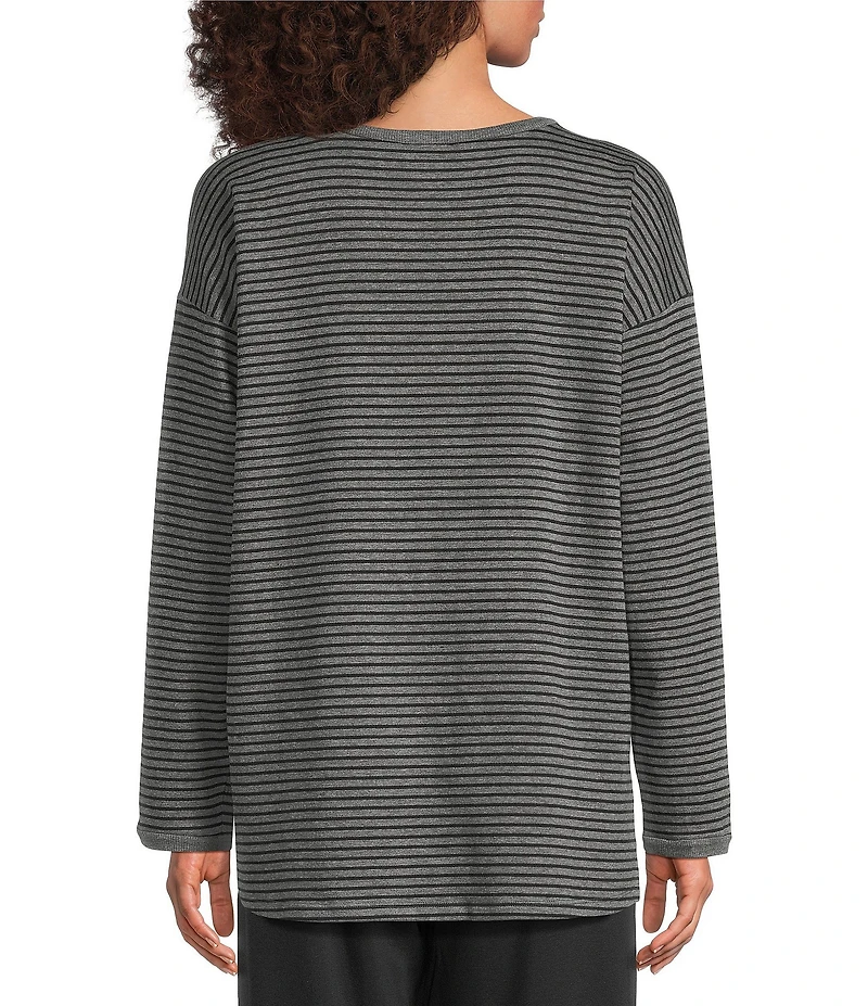 Eileen Fisher Cozy Striped Brushed Terry Organic Cotton Blend Knit Round Neck Long Sleeve Box Top