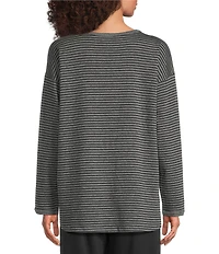 Eileen Fisher Cozy Striped Brushed Terry Organic Cotton Blend Knit Round Neck Long Sleeve Box Top